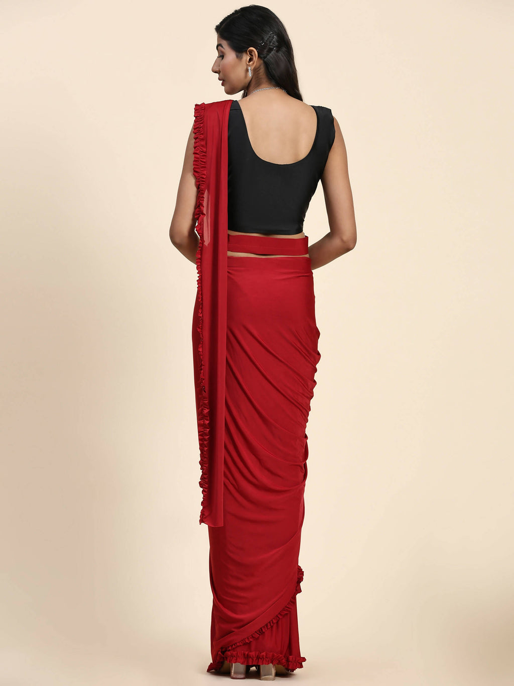 Red Imported Fabric Plain Ready to wear Saree with stitched Blouse - Vrinda