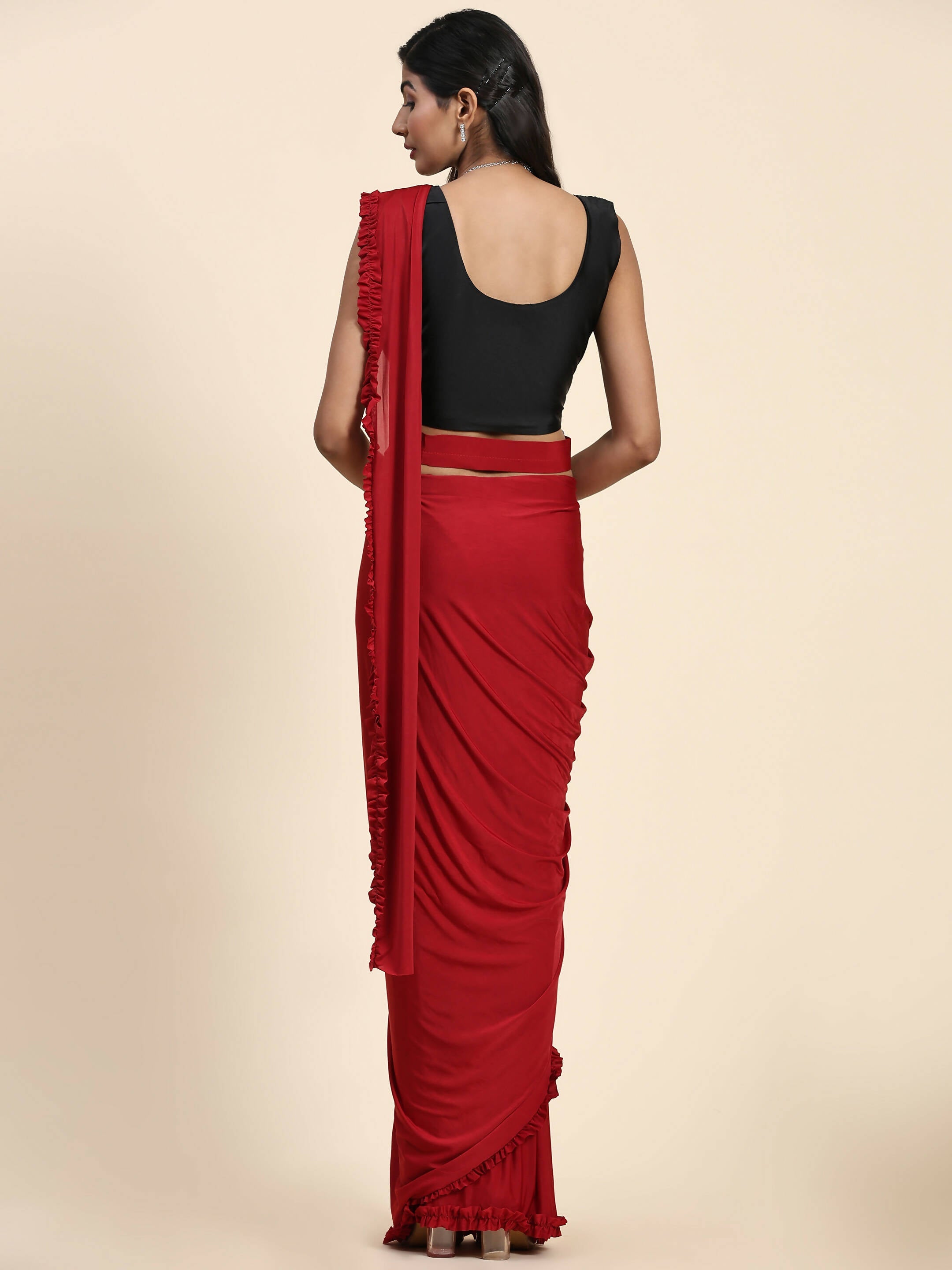 Red Imported Fabric Plain Ready to wear Saree with stitched Blouse - Vrinda