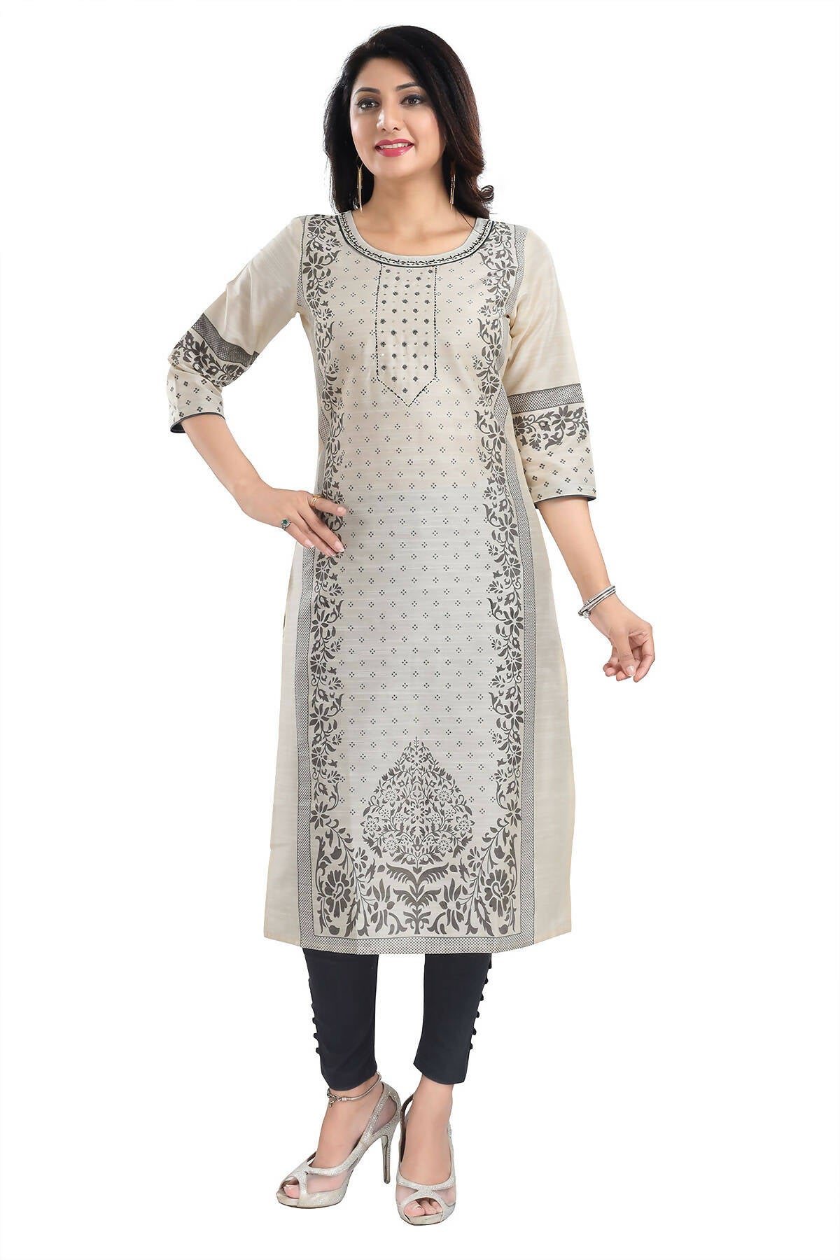 Snehal Creations Cream Raw Silk Block Print Long Kurta For Women