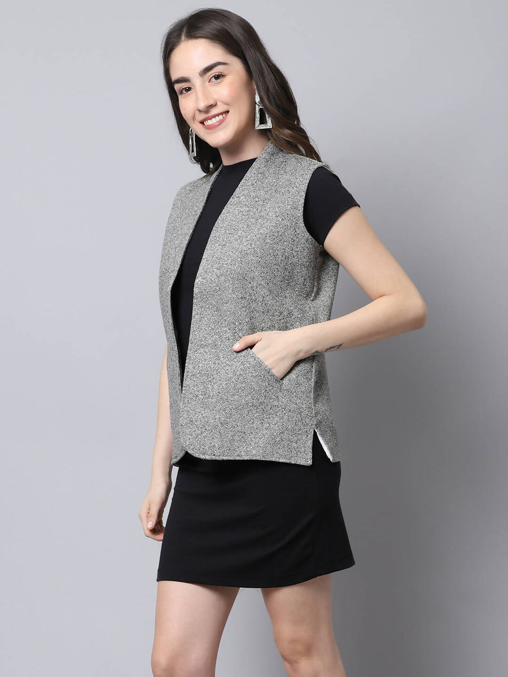 Even Apparels Grey Pure Wool Open Front Women's Waistcoat