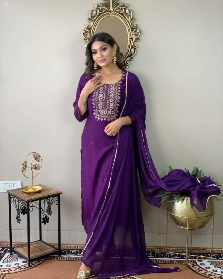Partywear Designer Wine Rayon Slub Stitched Suit With Dupatta - Tanisha