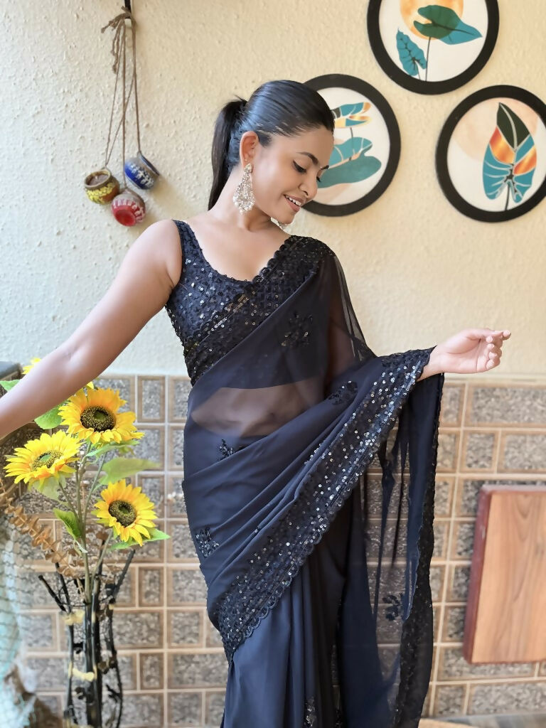 Black Georgette Sequence Embroidery Cut Work Saree - Saadia
