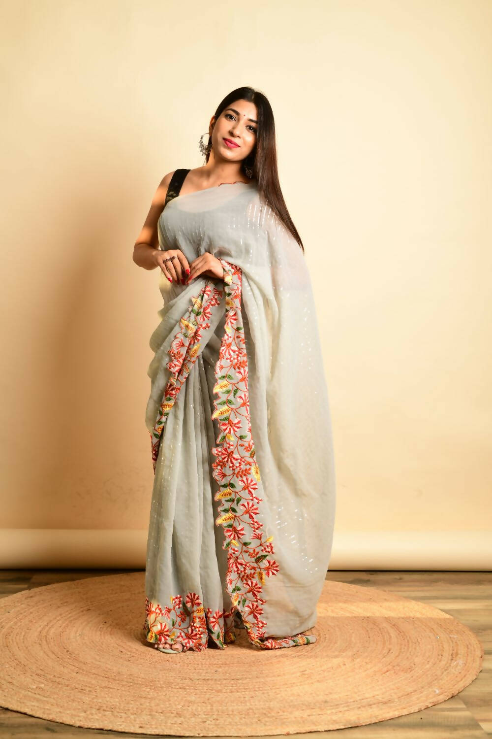 Vamsee Grey Georgette Designer Saree