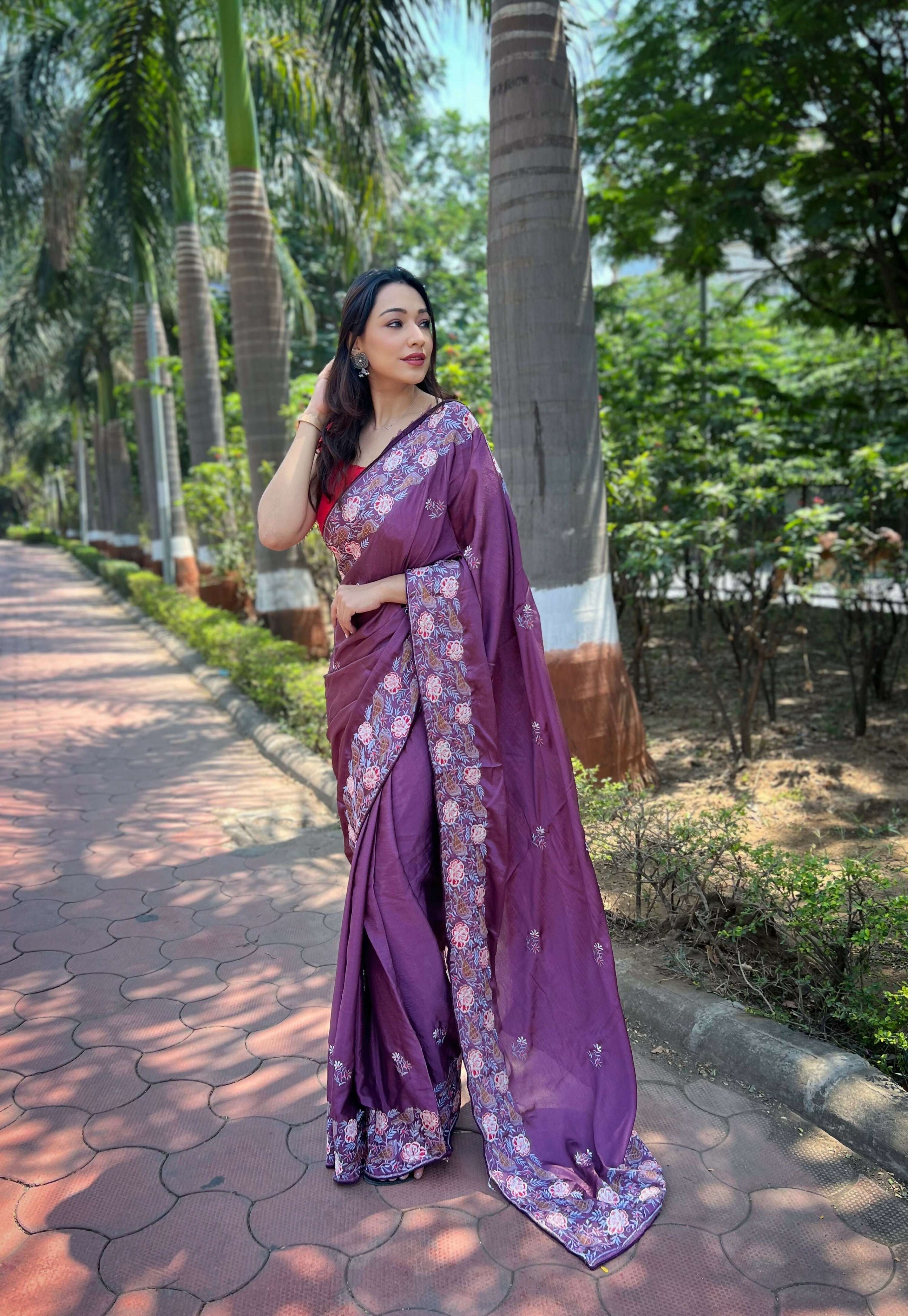 Vamsee Chinon Panchi Cherry Shimmer Saree