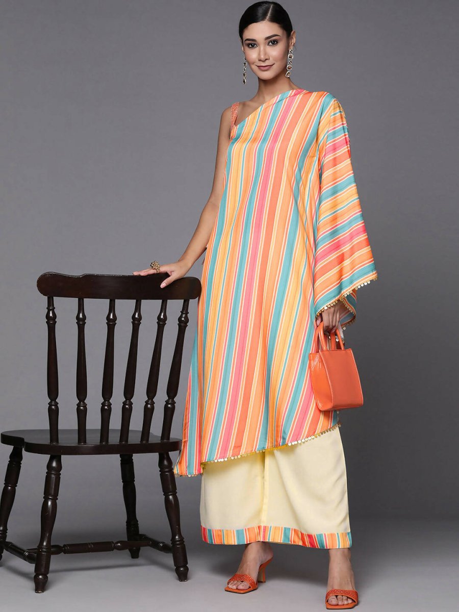 Ahalyaa Peach-Coloured & Blue Printed Striped Asymmetric Taselled Kaftan Kurta Palazzos