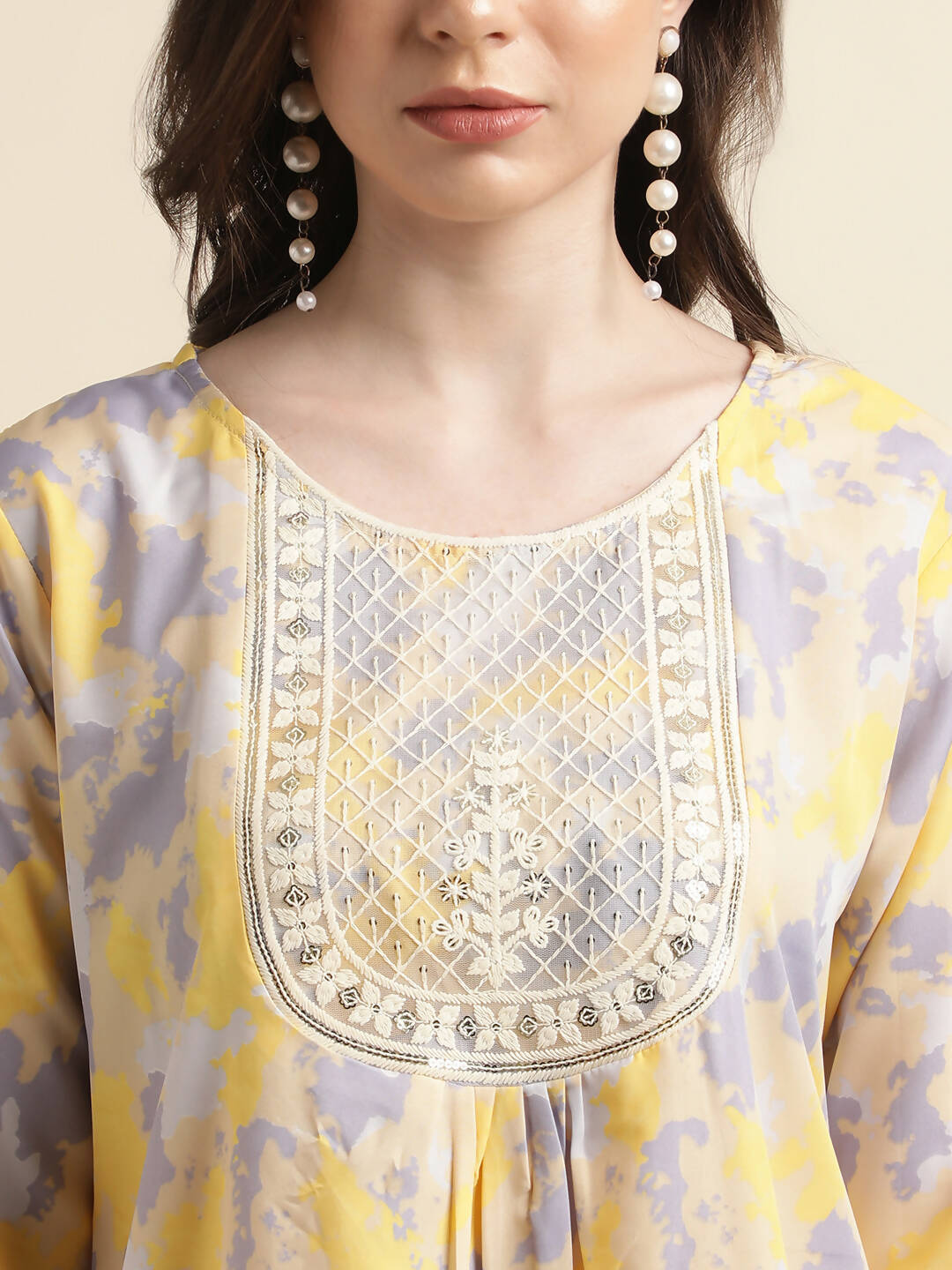 Yellow & Grey Poly Crepe Digital Printed Top with Matching Bottom - Preeti