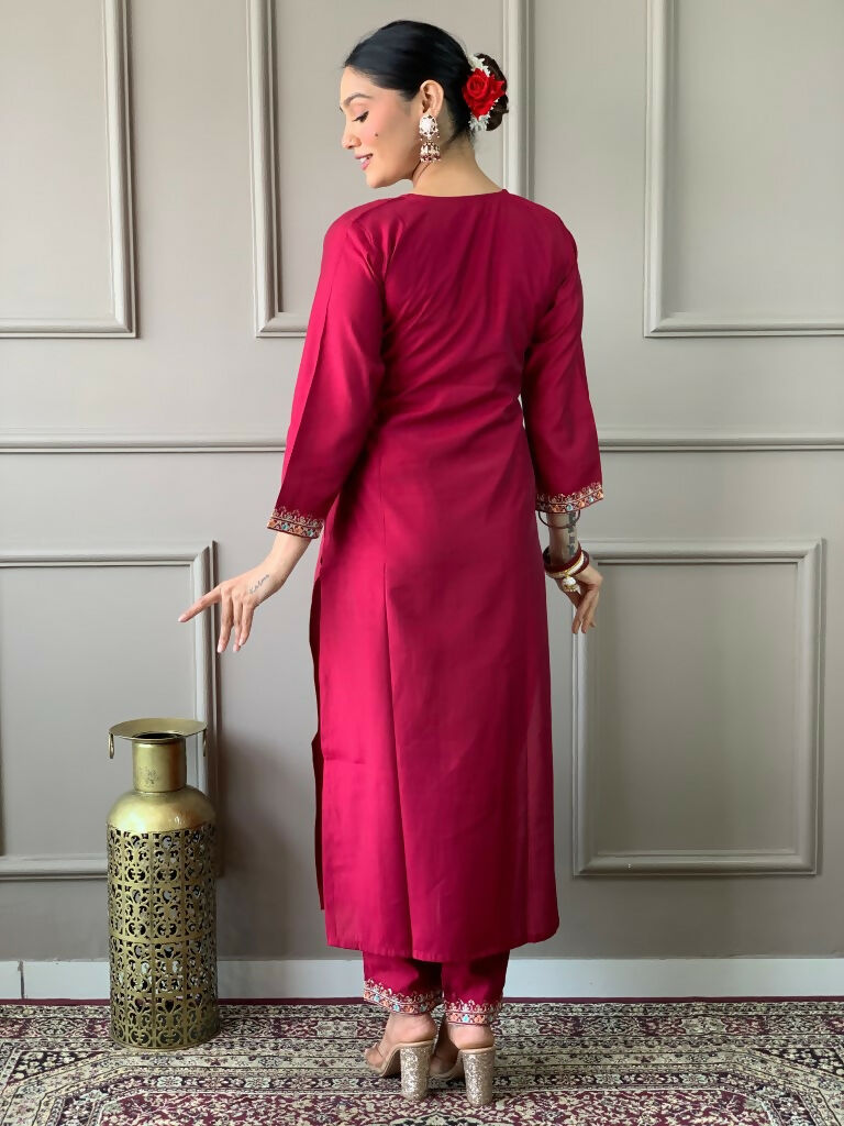 Partywear Designer Viscos Chanderi Maroon Stitched Suit With Dupatta - Tanisha