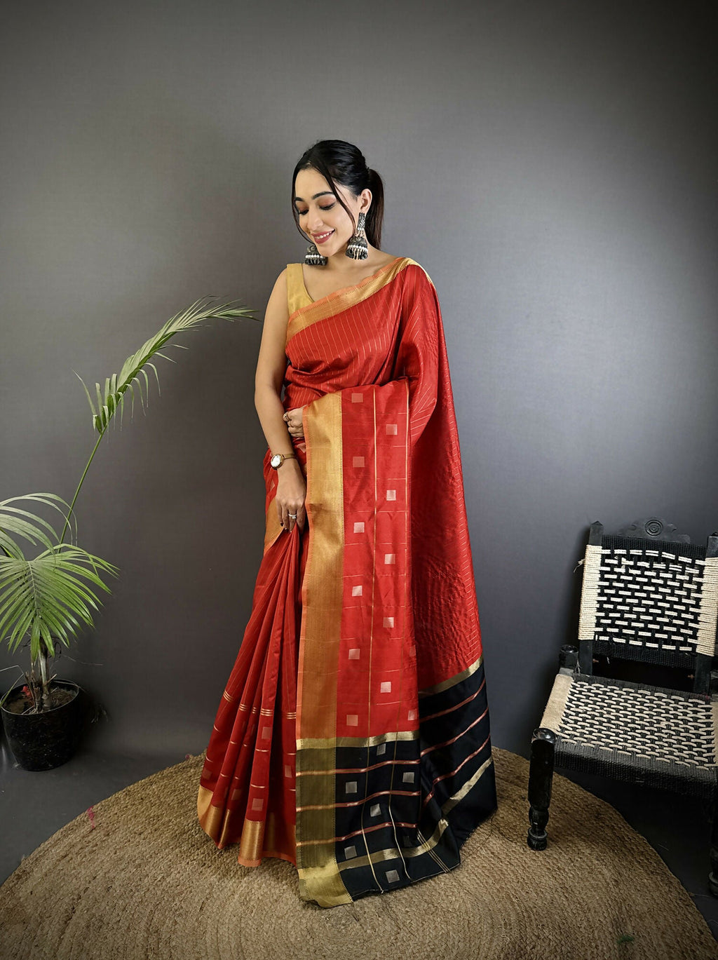 Joban Fashion Red Bhagalpuri Cotton Silk Stripes/Box Saree
