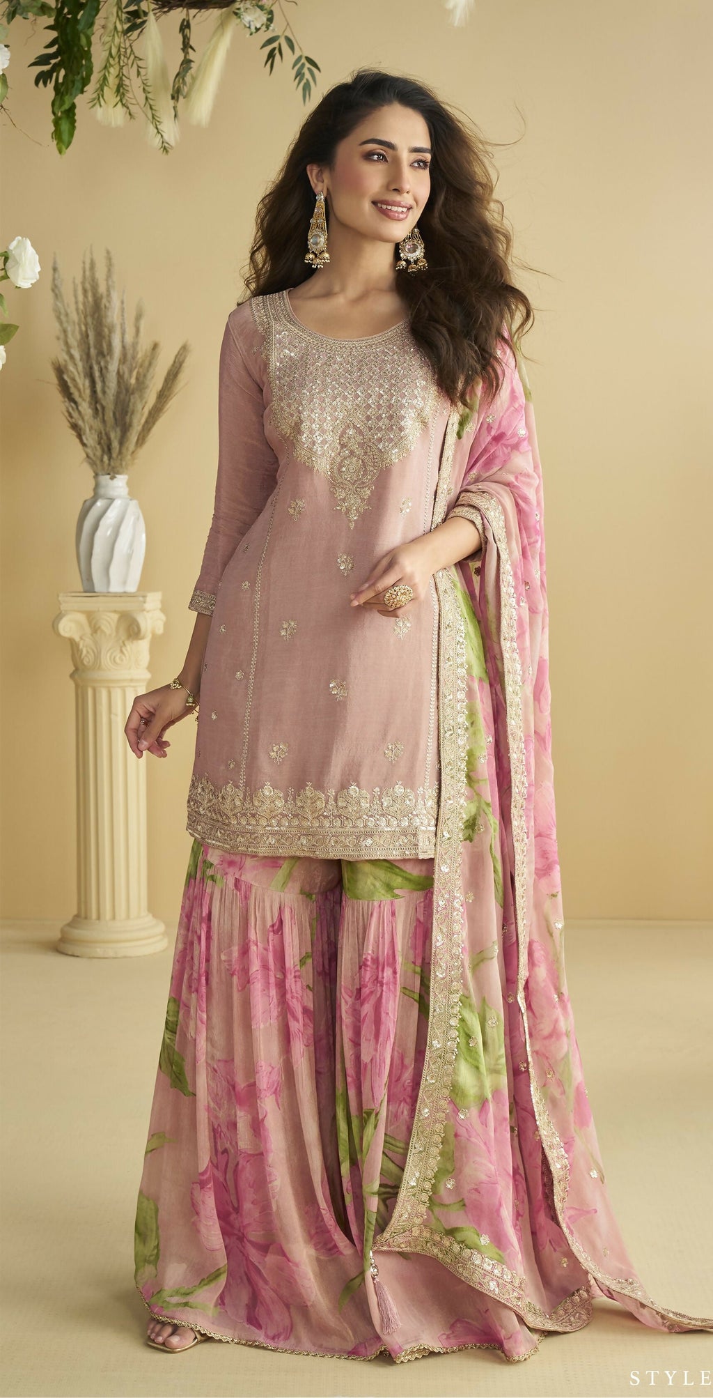 Anaita Pink Chinon Readymade Sharara Suit with Embroidery Sequence Work