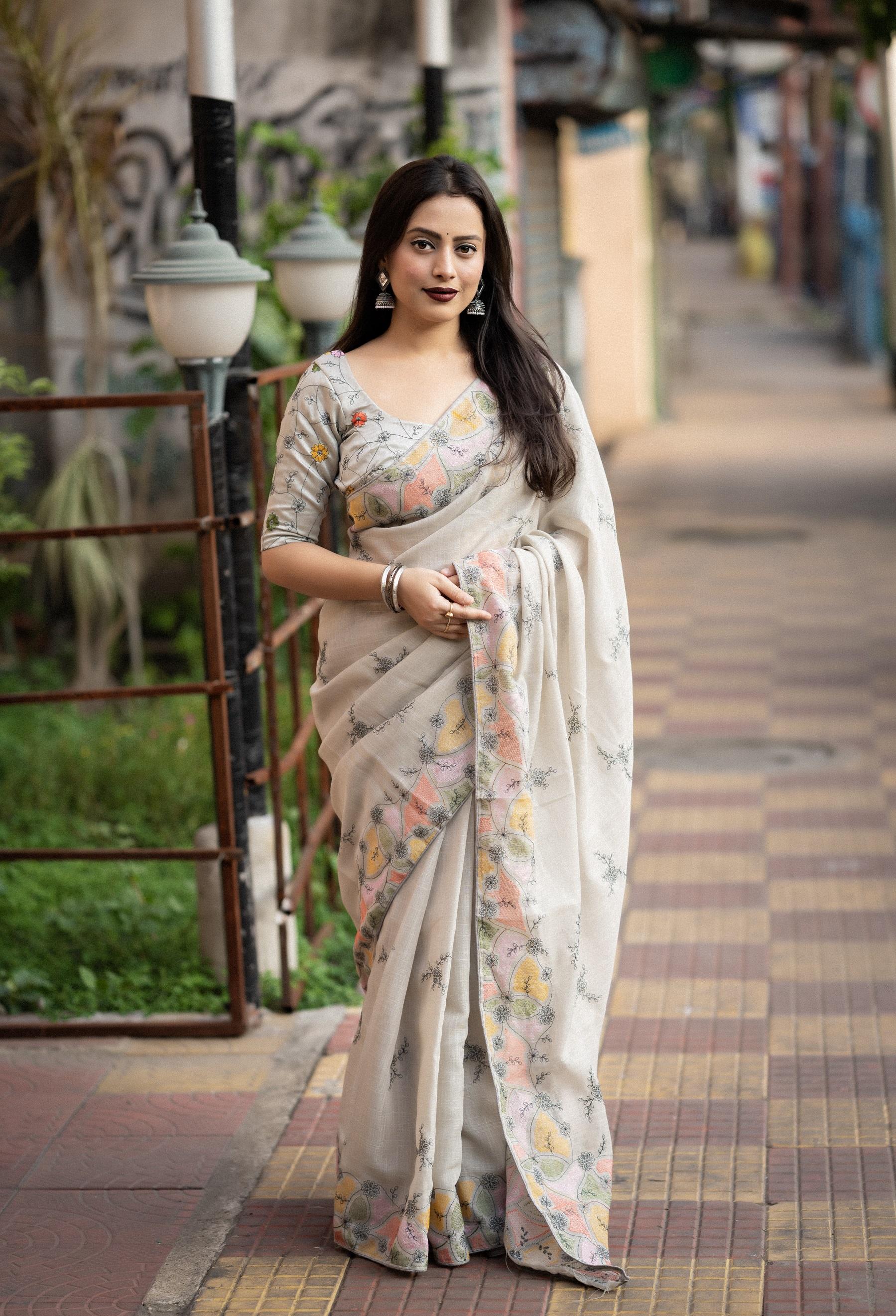 Grey Pure Linen Ethnic Motifs Saree with Unstitched Blouse - Hiral Fashion