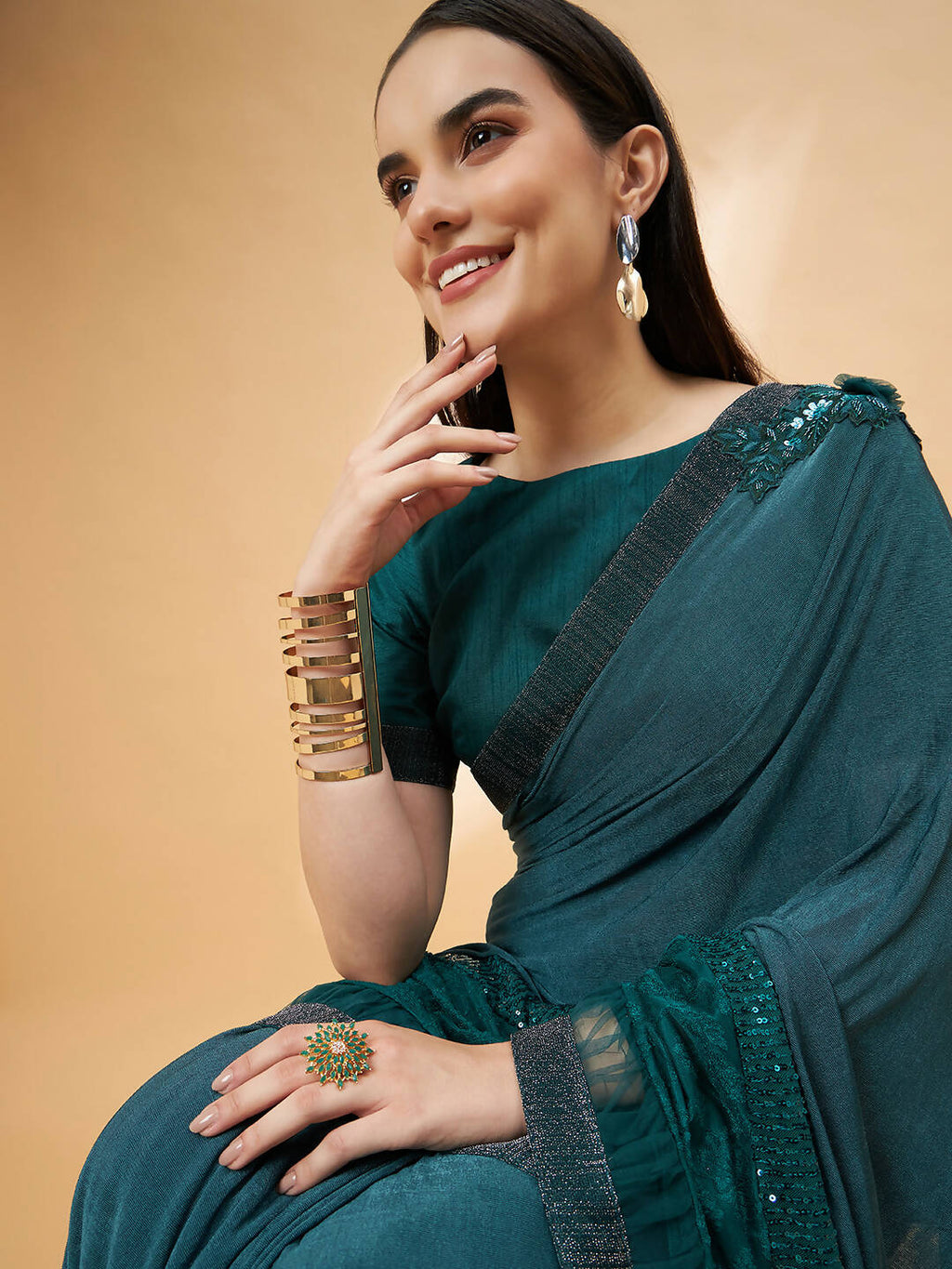 Green Lycra Flock Work, Seuqins Embroidery, Handwork Shoulder Butta Saree - Norita Hit Design