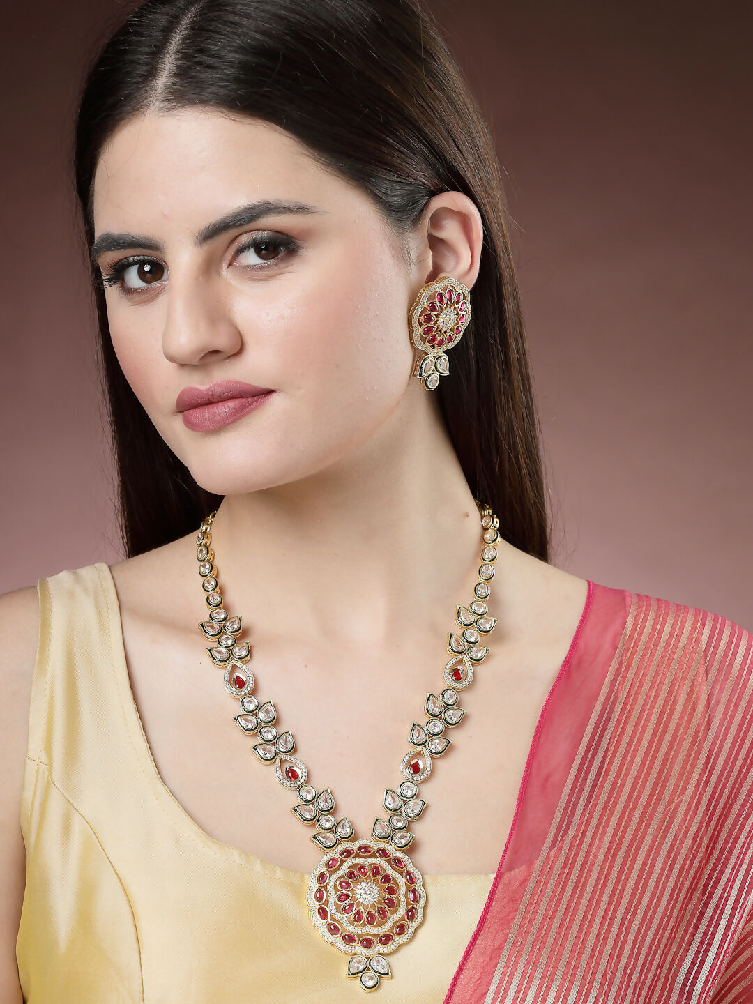 NVR Women's Set of 2 Red & Gold Kundan Studded Jewellery Set Choker & Long Necklace With Earrings