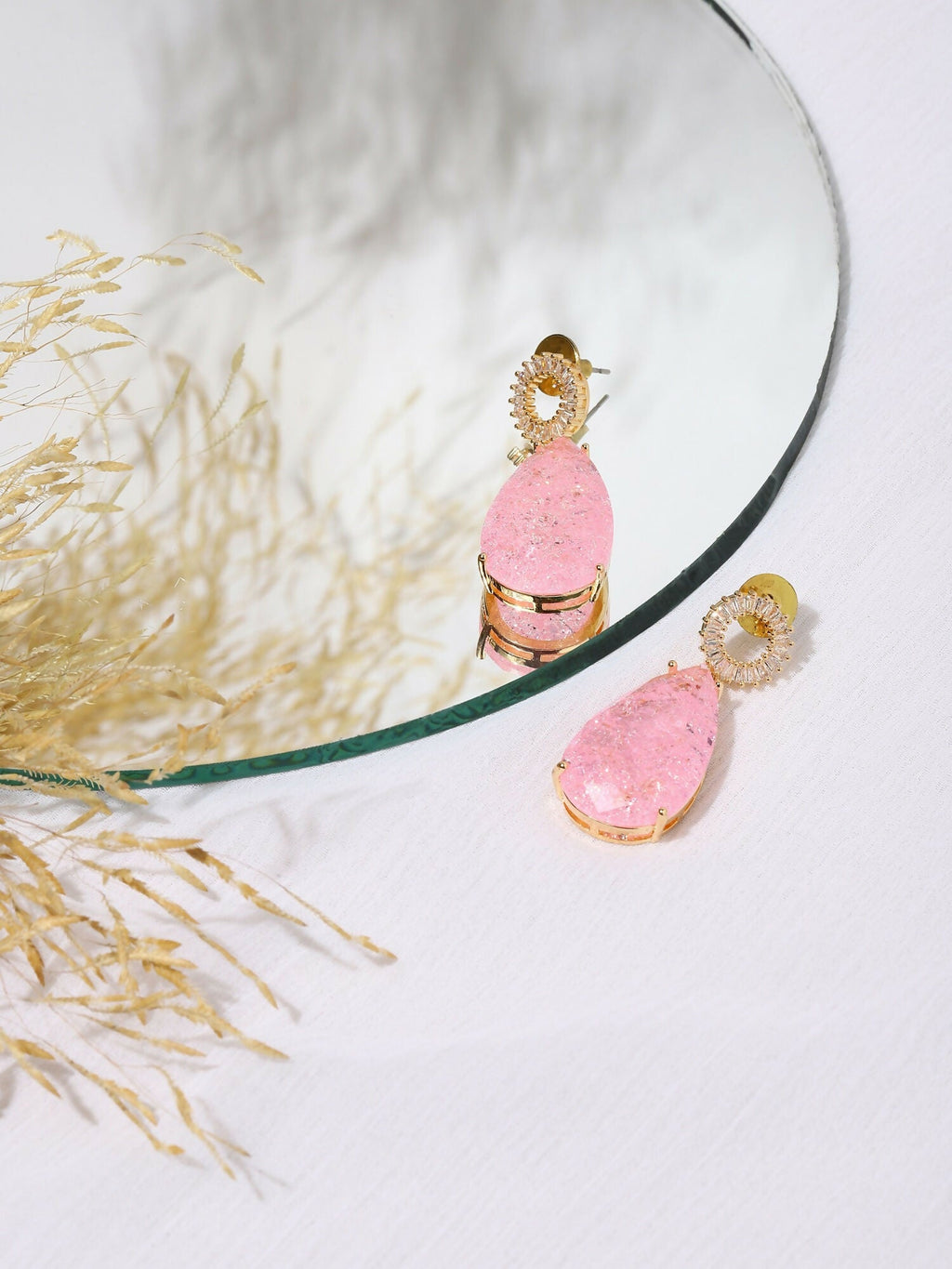 Pink Druzy Quartz & Diamonds Earrings- Ruby Raang