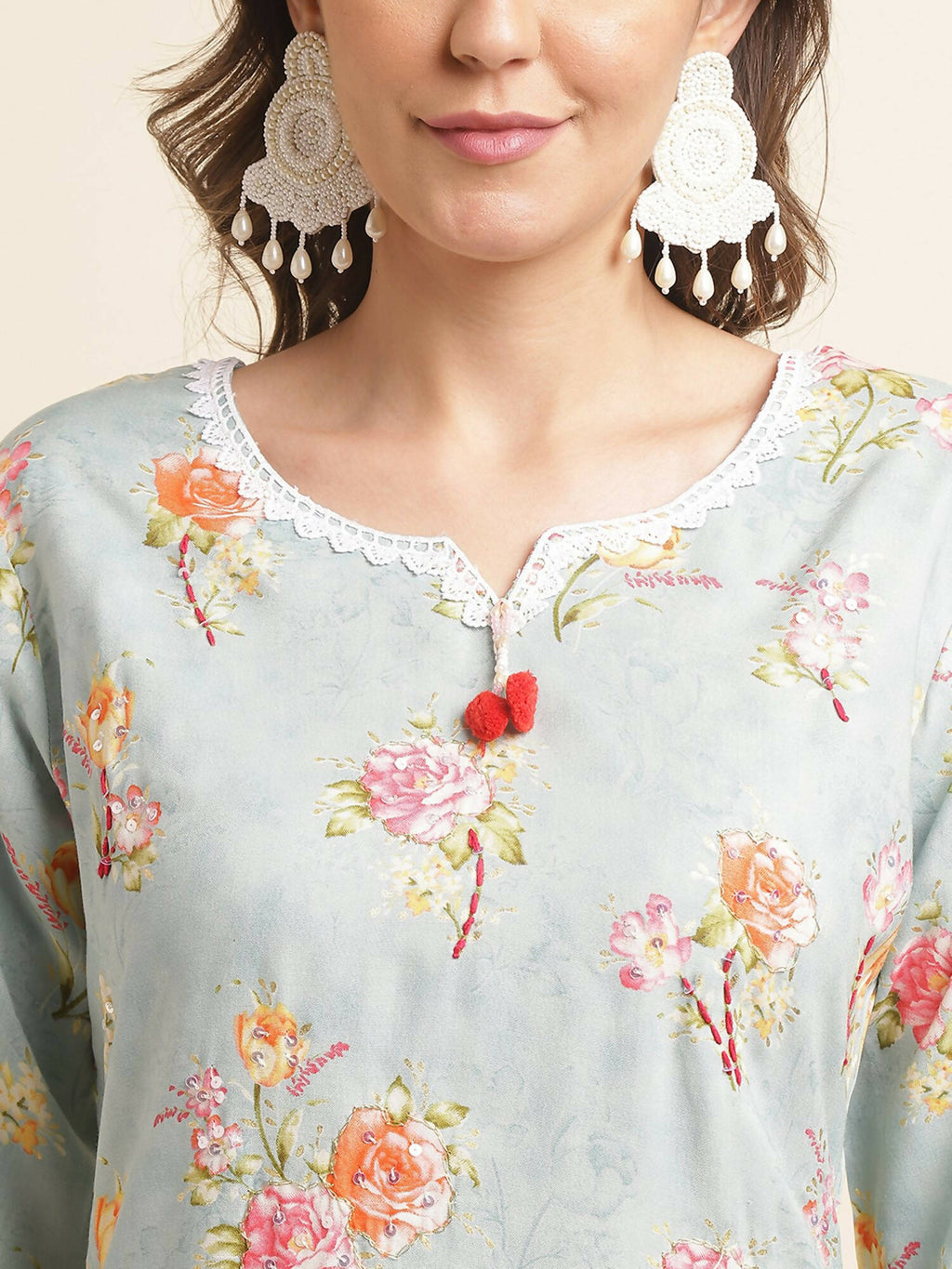 Blue Poly Rayon Floral Printed Straight Kurta - Prasuti