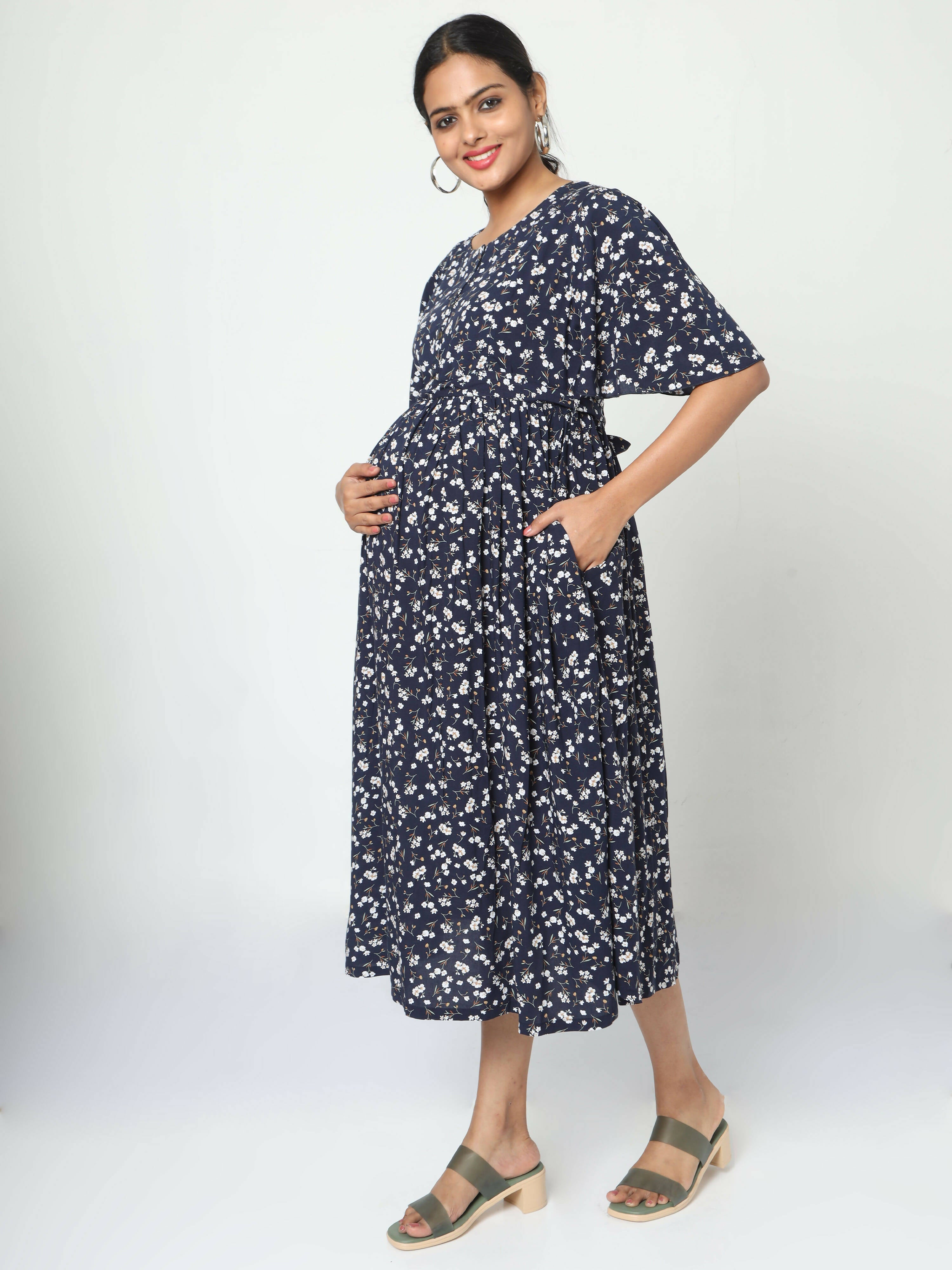 Manet Frill Slevees Maternity Dress Floral Print With Concealed Zipper Nursing Access - Navy