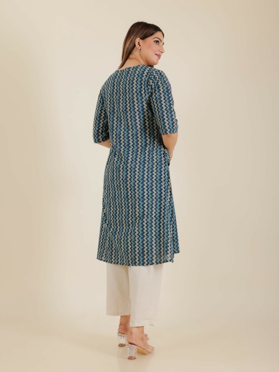 Aramya Blue Soft Cotton Chevron Print A-line Kurta Set for Women