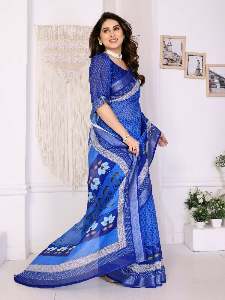 PR Fashion Blue Handloom Linen Cotton Zari Saree