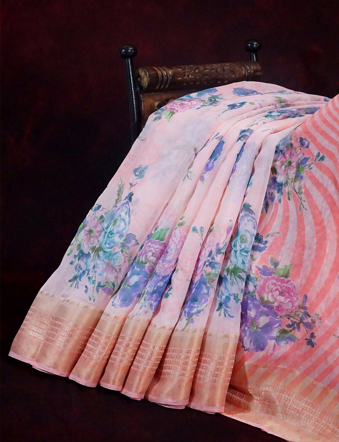 Combination Shades Of Peach Pink With Floral Design Semi Chanderi Saree By Gayathri Reddy Designer Studio