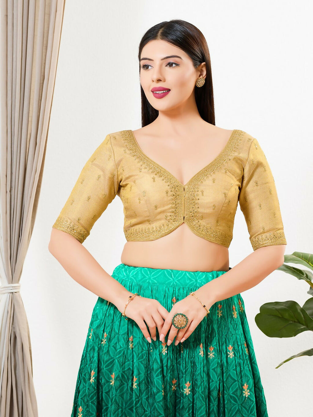 Joban Fashion Gold Tissue Padded Blouse With Sweetheart Neck Elbow Sleeves