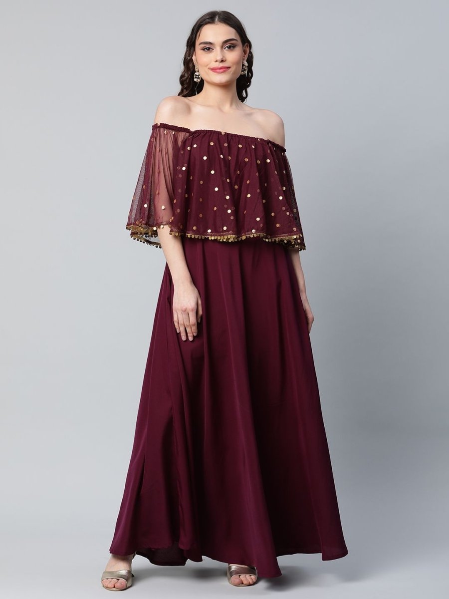 Ahalyaa Women Wine Colour Crepe & Net Gold Printed Dress