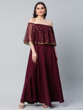 Ahalyaa Women Wine Colour Crepe & Net Gold Printed Dress