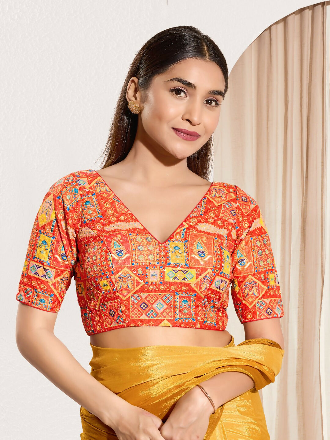 Joban Fashion Orange Viscose Rayon Padded Blouse With V Neck Elbow Sleeves