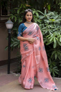 Brick Pure Linen Ethnic Motifs Saree with Unstitched Blouse - A2M