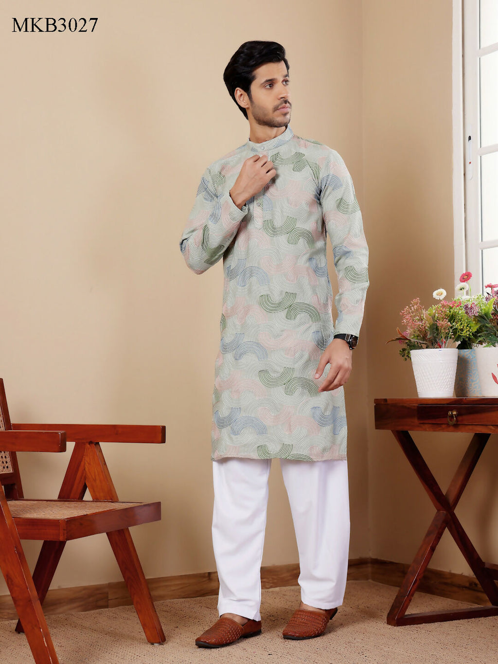 Pistel Green Linen Designer Embroidery Work Men's Rajwadi Kurta Set - Mahotsav