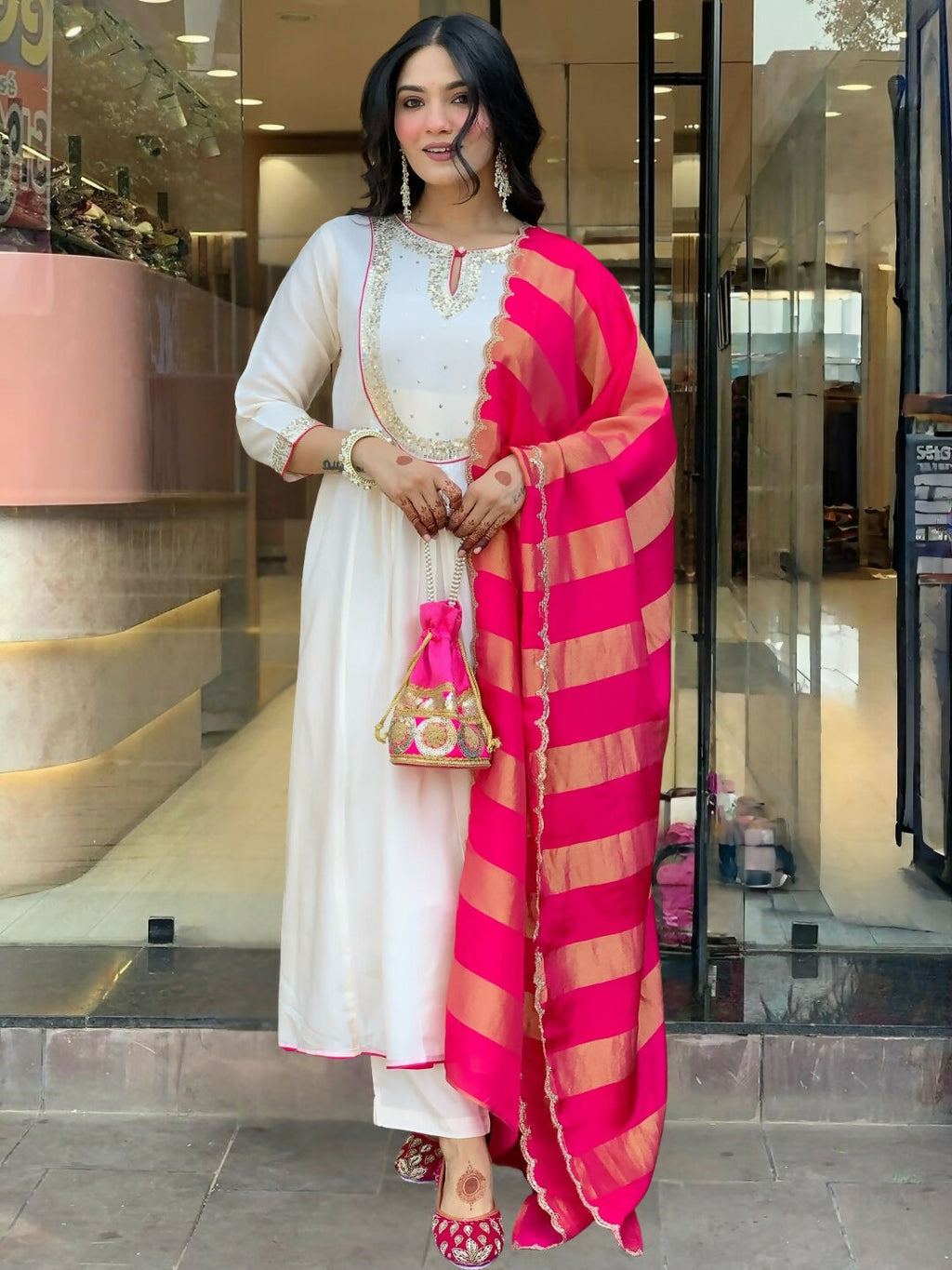 The52 White Women's Gorgeous Embroidered Work Chanderi Fabric Flared Kurta Pant and Dupatta Set