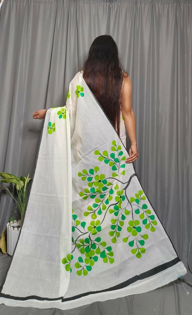 Exclusive Collection Beautiful White Light Green Pure Cotton Hand Print Handloom Saree With Running Blouse Piece