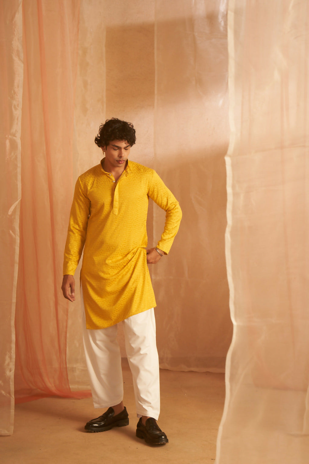 Mustard Viscose Chikankari Embroidery Work Men's Kurta Set - Mahotsav