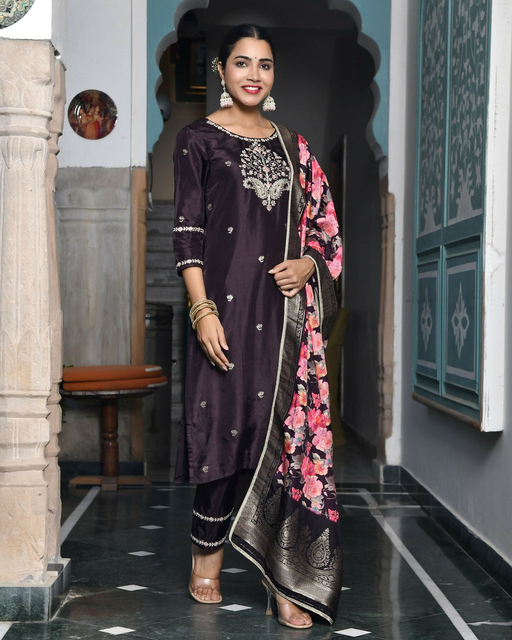 Vaasva Women's Silk Emboidered Solid Pant Set & Digital Printed Dupatta