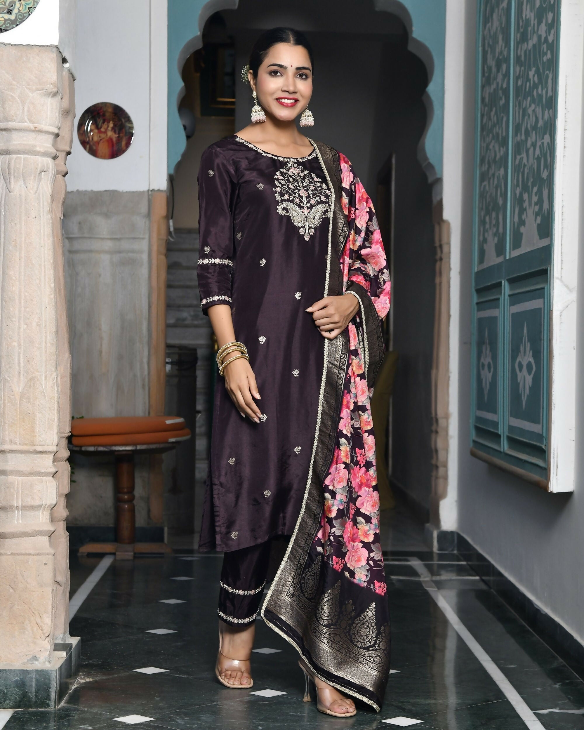 Vaasva Women's Silk Emboidered Solid Pant Set & Digital Printed Dupatta