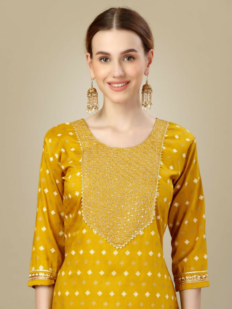 Jyoti Fashion Women's Golden Silk Blend Embroidery & Sequence work Kurta with Trouser & Dupatta