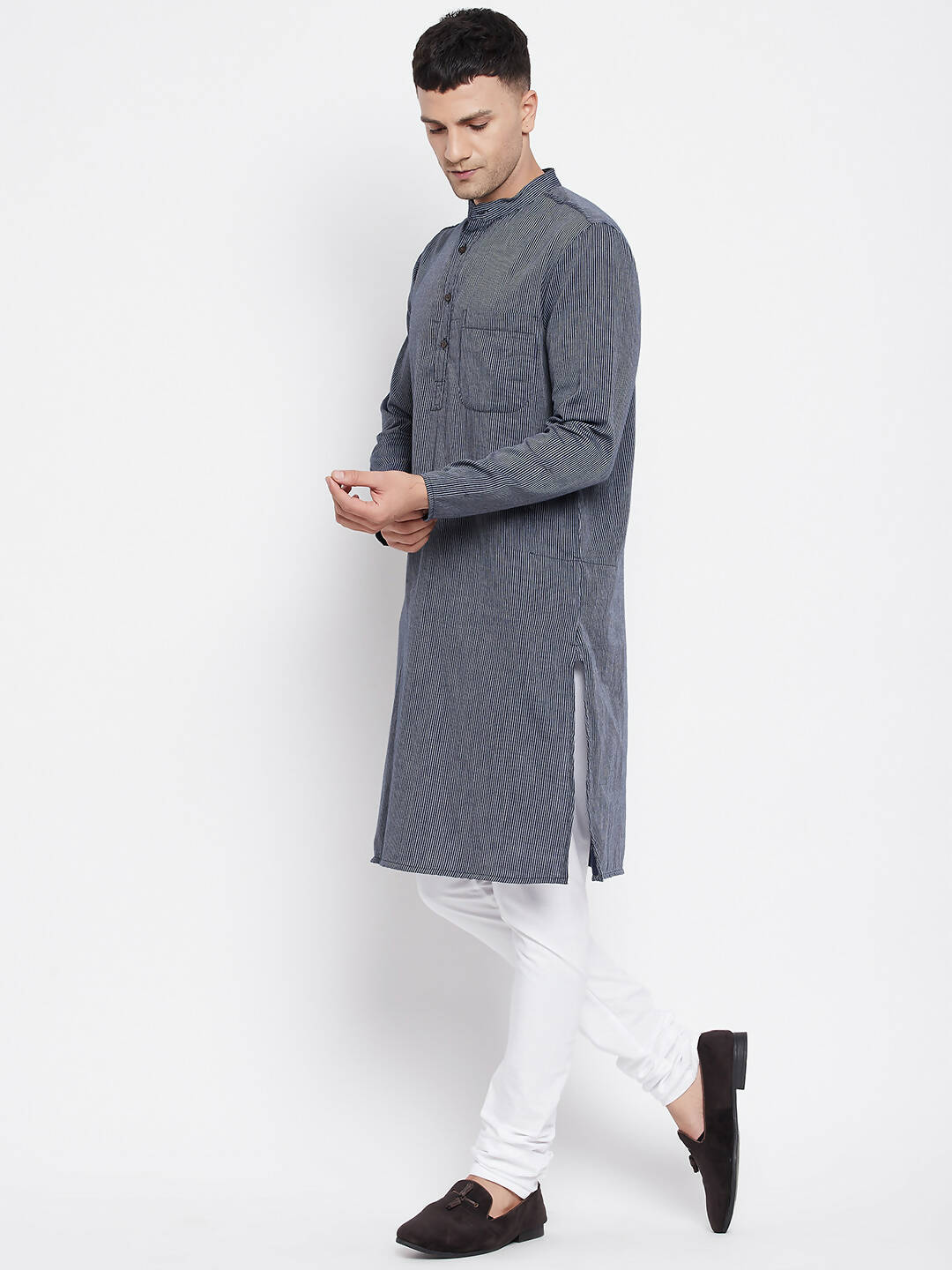 Even Apparels Grey Color Pure Cotton Men's Kurta With Band Collar