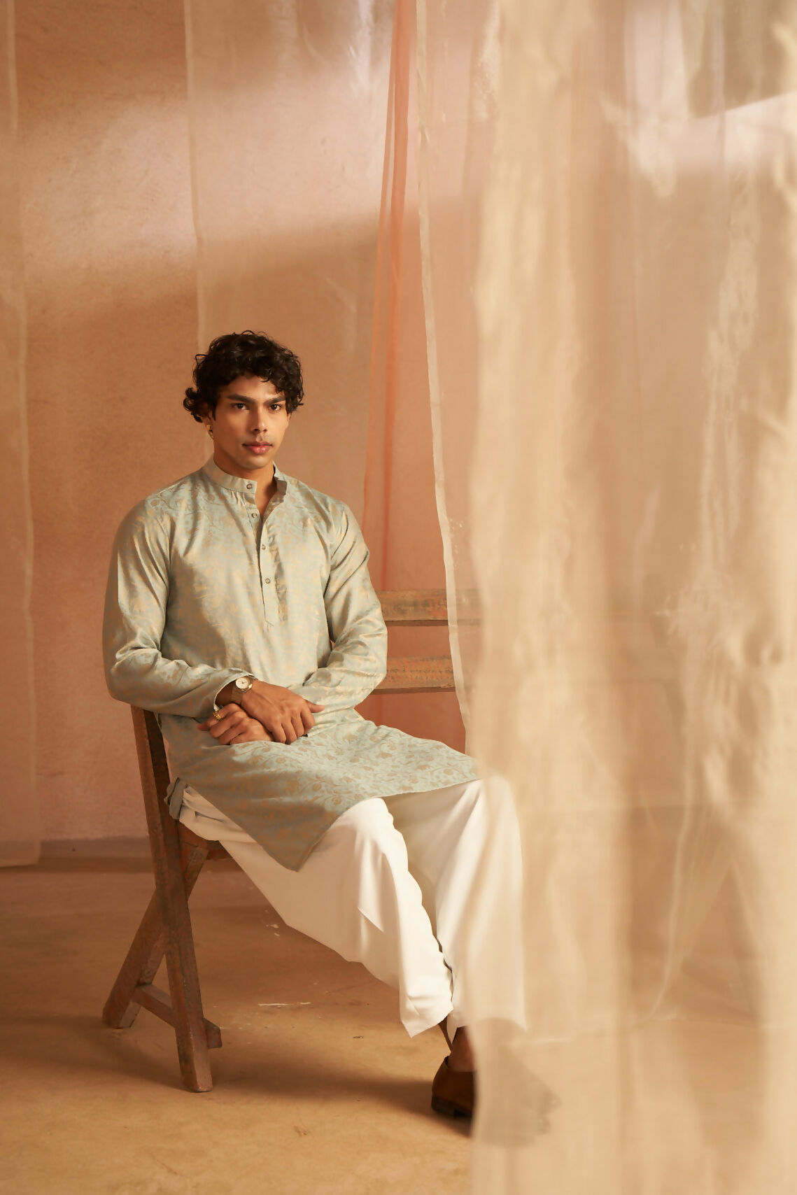 Light Blue Viscose Wevon Designer Men's Kurta Set - Mahotsav