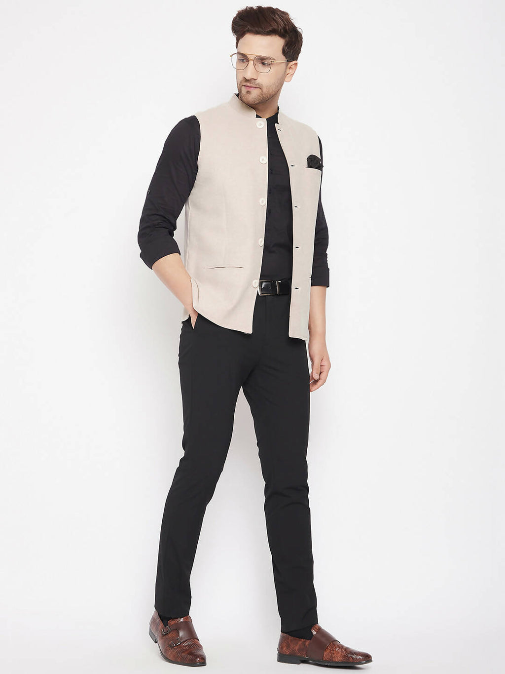 Even Apparels Cream Merino Men Woven Nehru Jacket