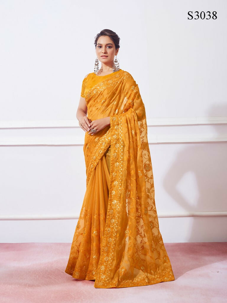Mustard Simmar Designer Thread Embroidery Work Saree with Unstitched Blouse - Vandini