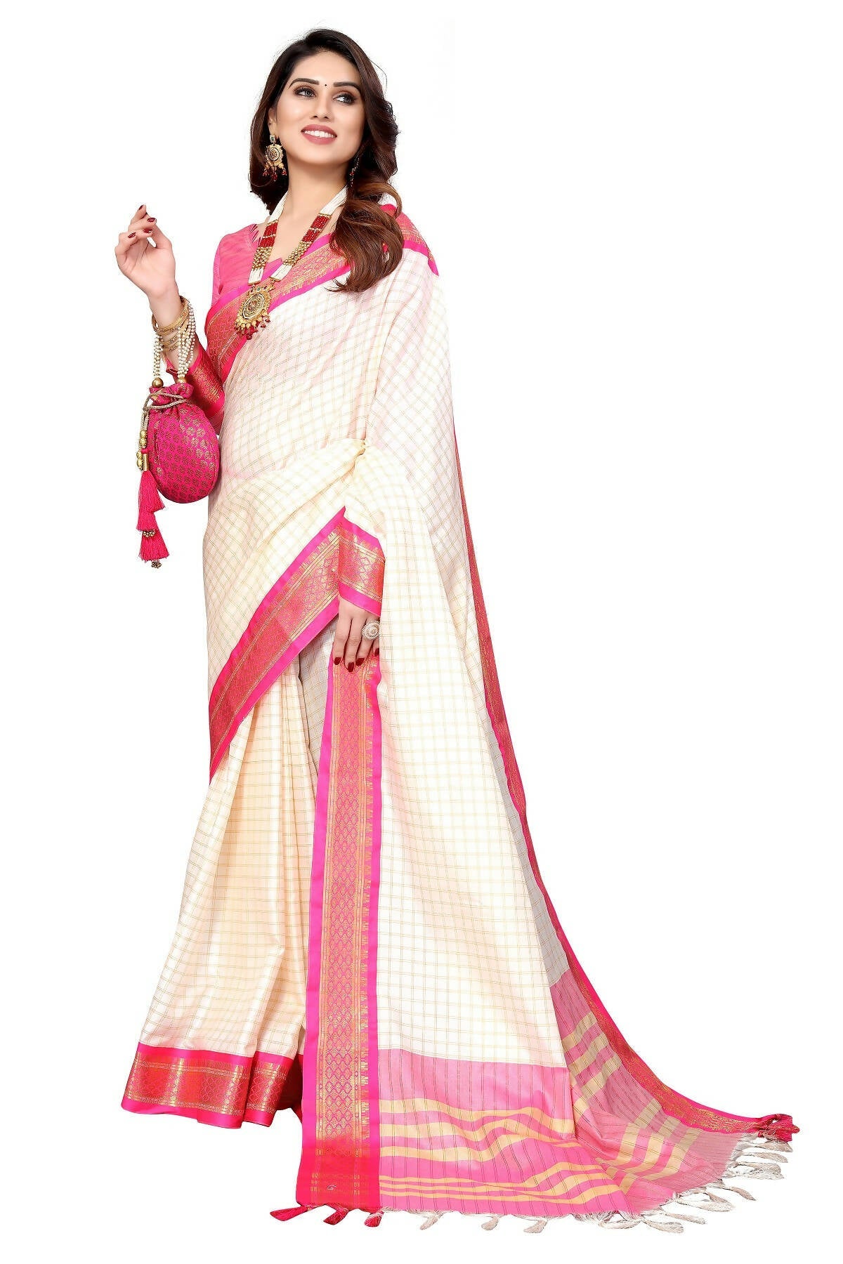 Vamika Weaving White Cotton Silk Saree (DEVAL PINK)