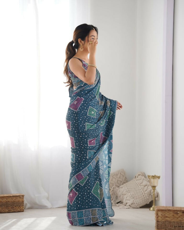 Green Chinon Designer Digital Printed & Mirror Cut Work Saree - Kriti