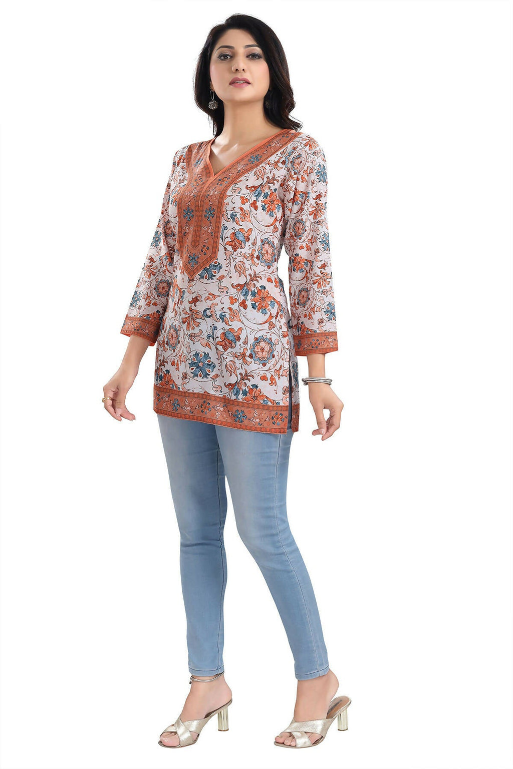 Snehal Creations Cream Faux Crepe Short Kurti Tunic Top