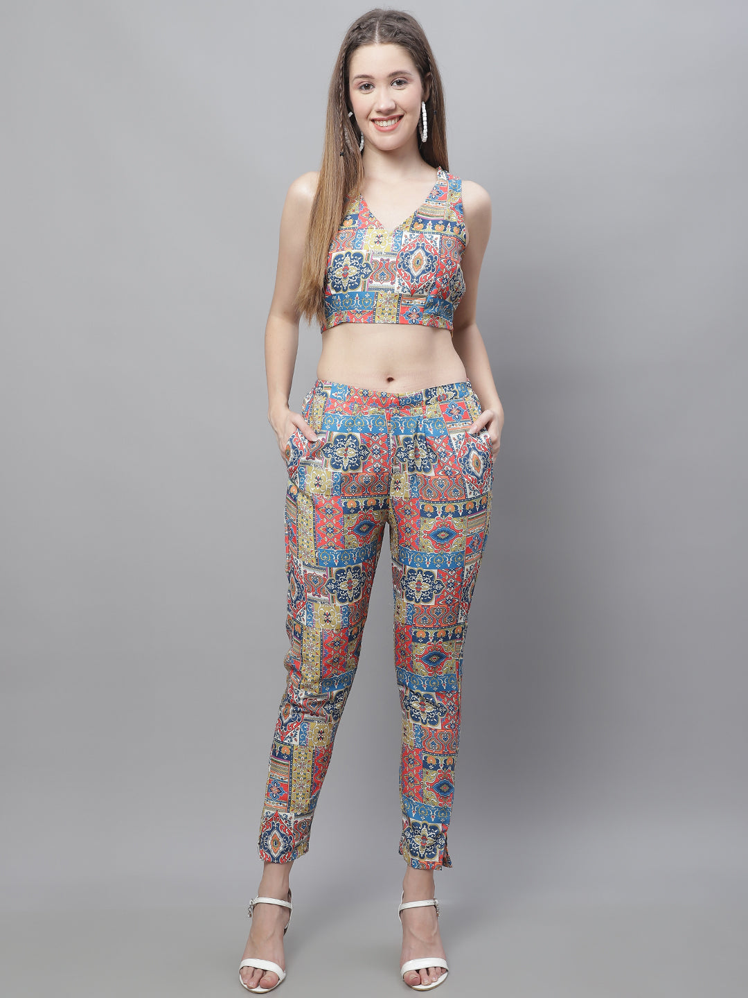 Jainish Women's WoDigital Printed Crop Top and Jacket Set - Multi