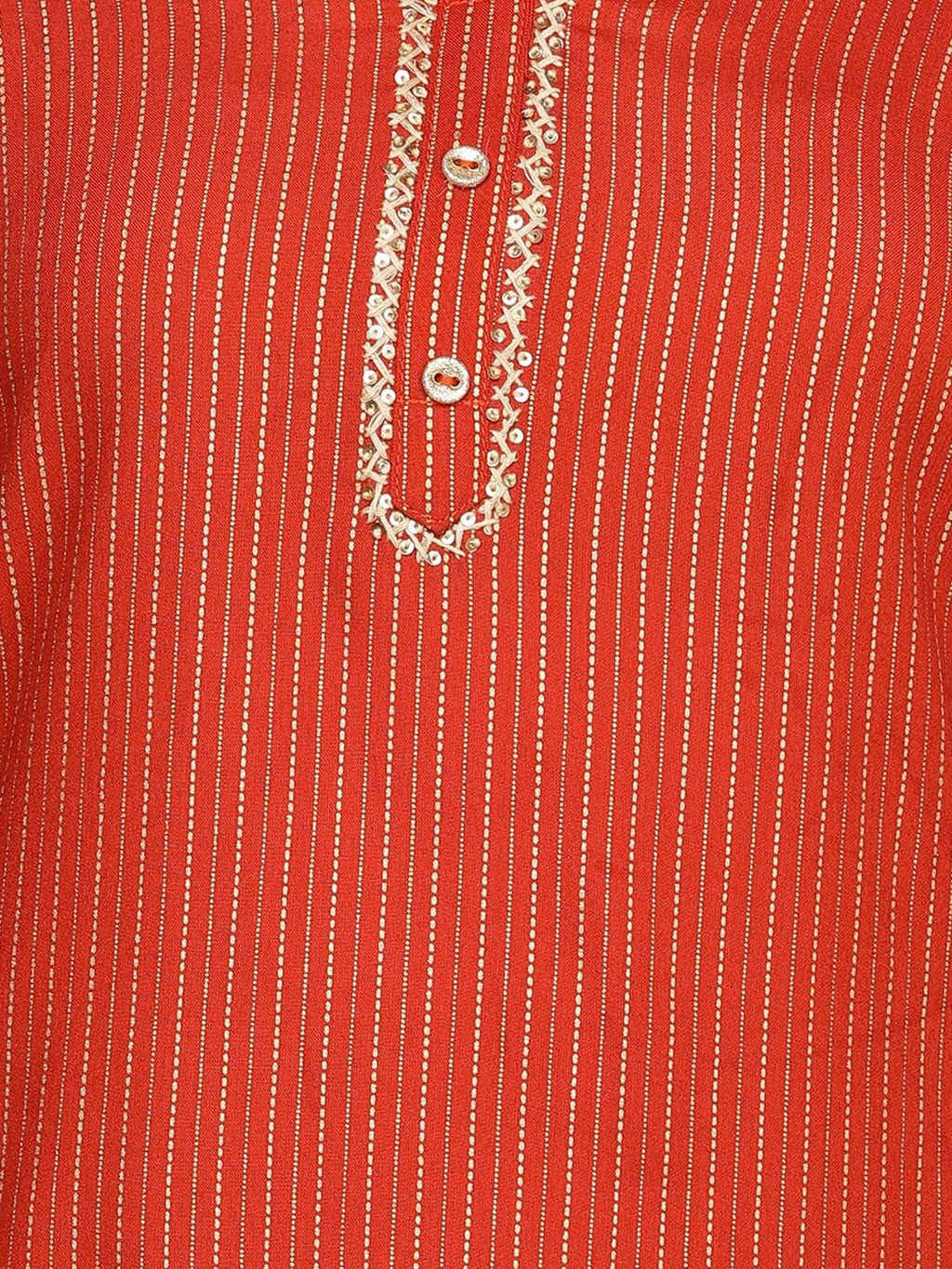 HERE&NOW Orange & Gold-Toned Mandarin Collar Striped Sequined Straight Kurta