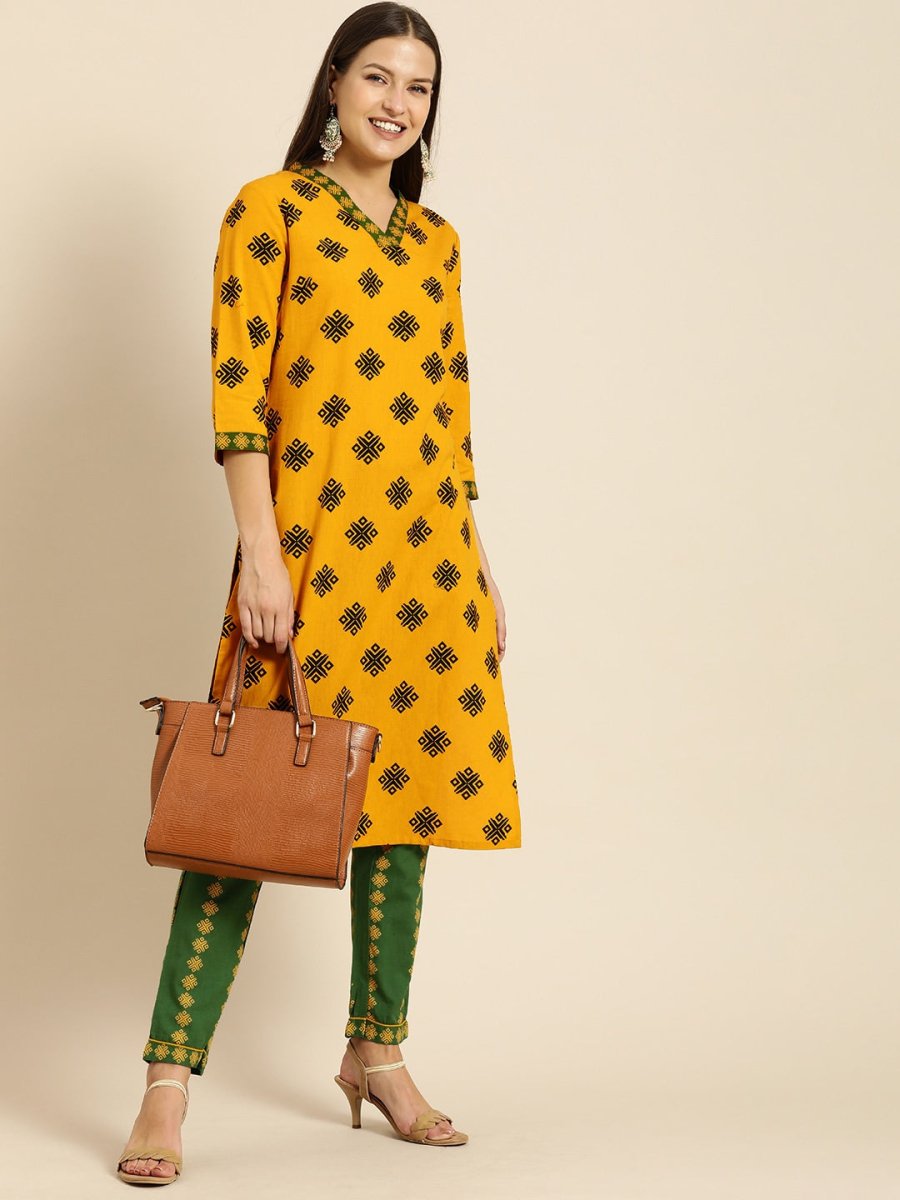 All About You Women Mustard Yellow Ethnic Motifs Printed Kurta with Green Printed Trousers