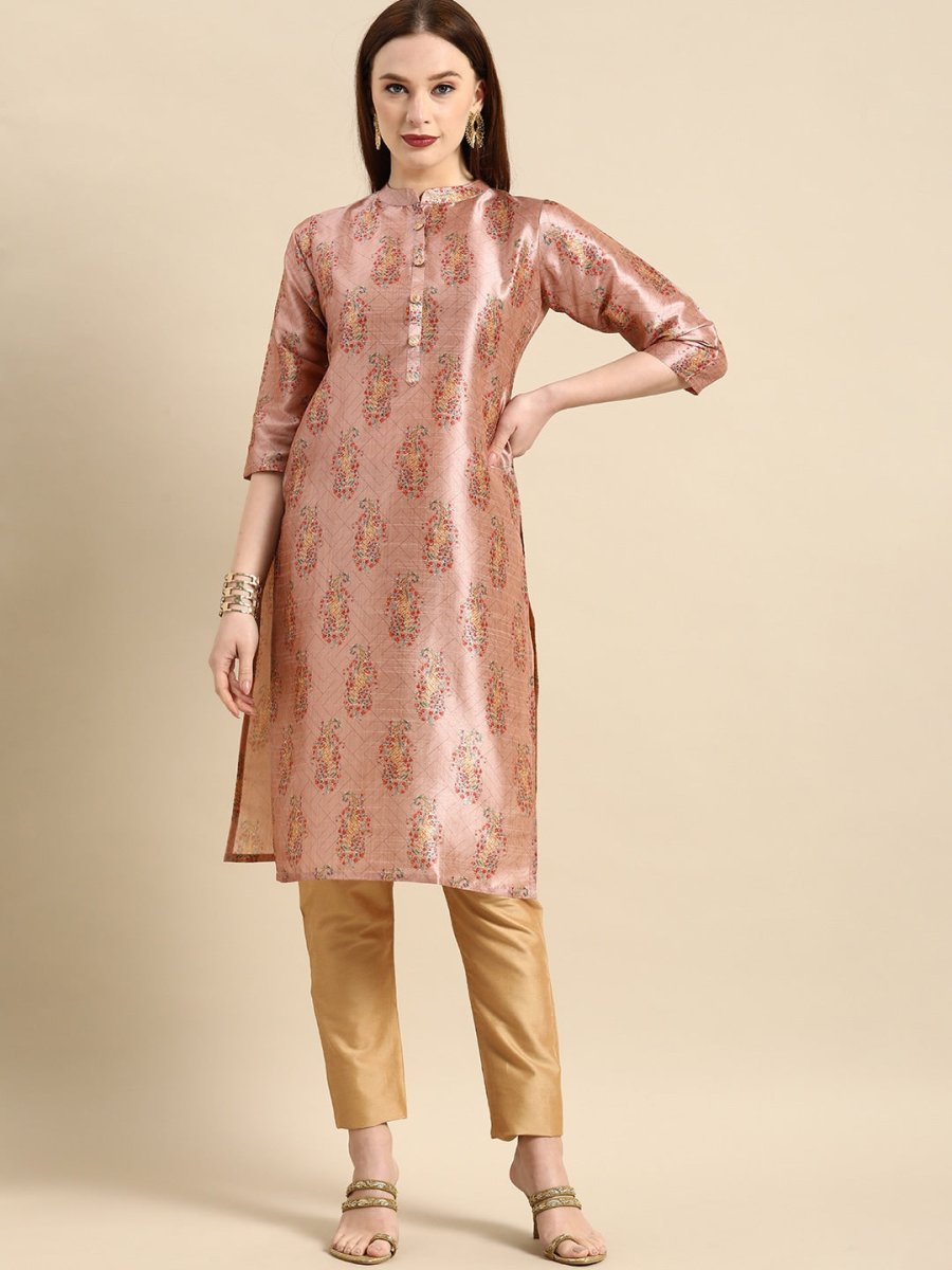 All About You Women Pink Paisley Print Mandarin Collar Pastels Chanderi Silk Blend Kurta
