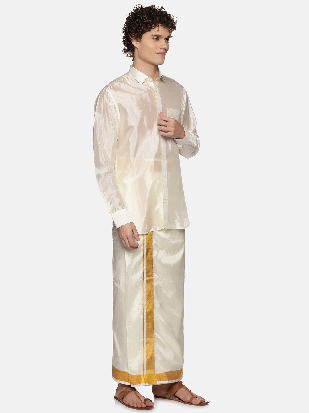 Sethukrishna Men Cream Art Silk Gold Zari Border Dhoti