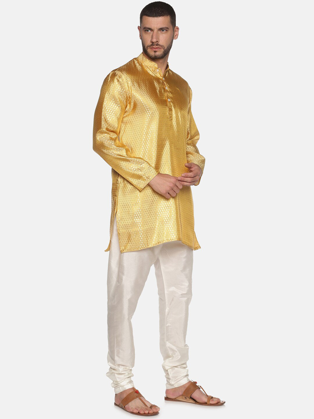 Sethukrishna Men Gold-Toned & White Kurta with Churidar