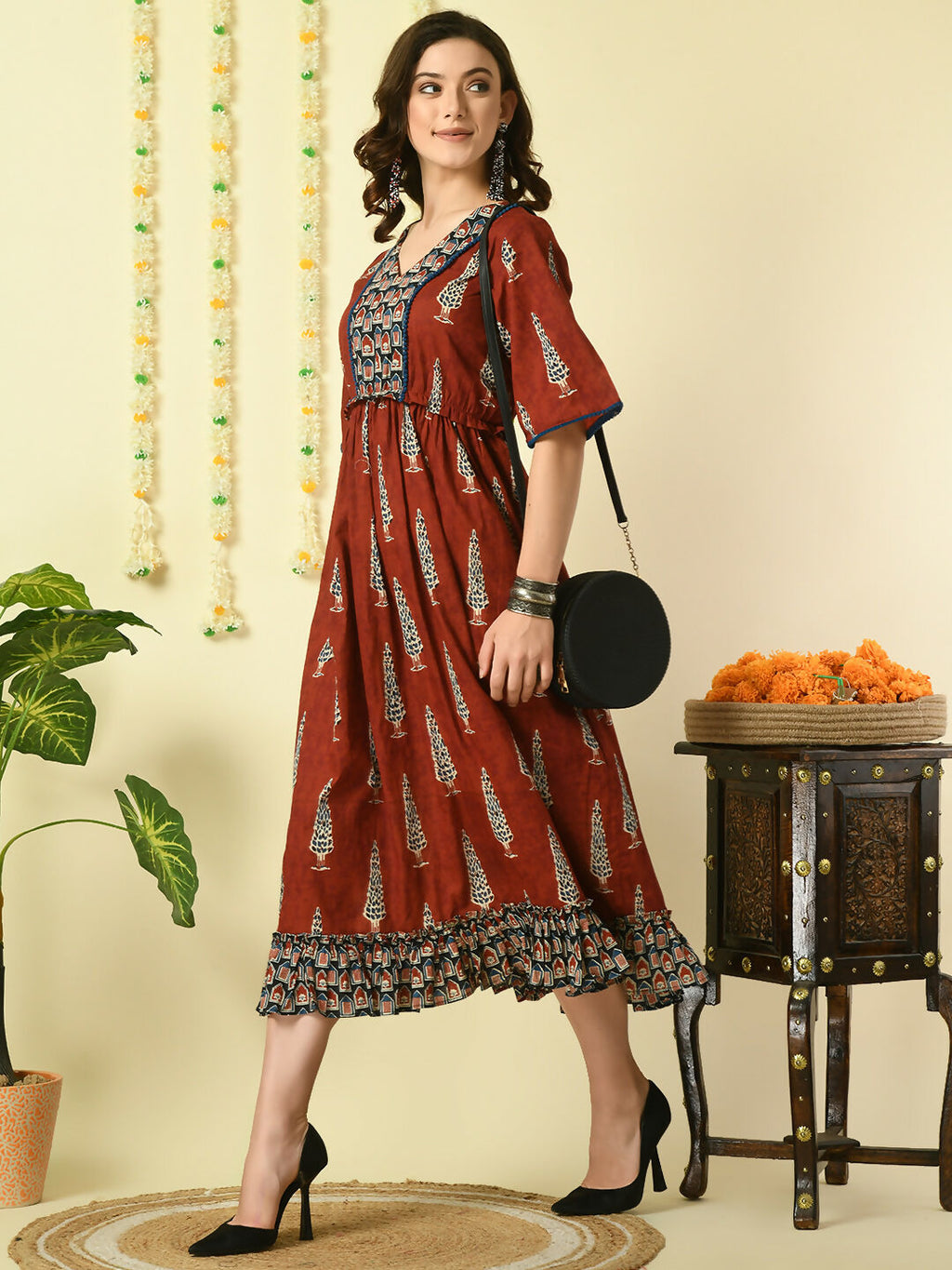 Myshka Women's Rust Printed Cotton Party Dress