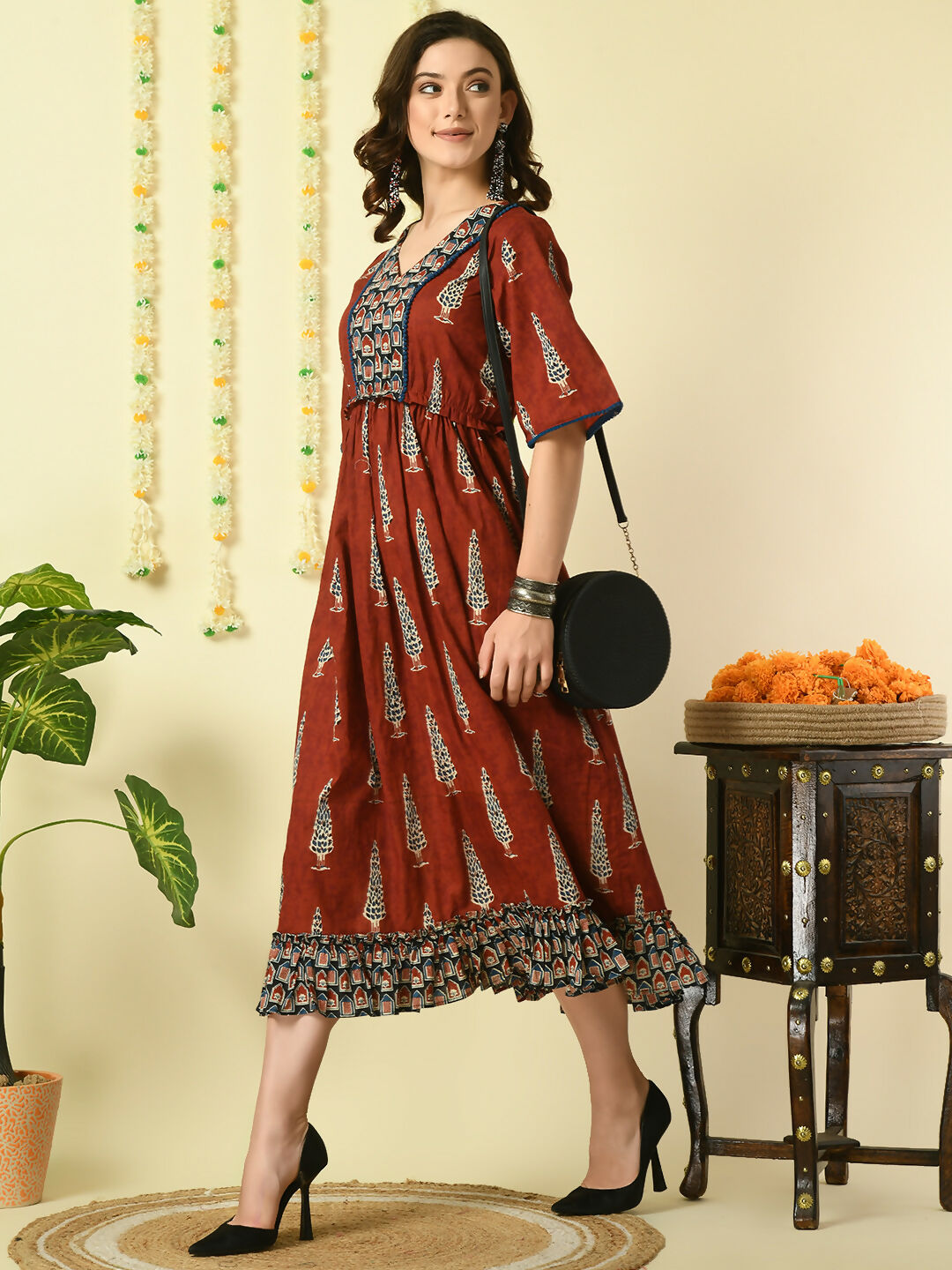 Myshka Women's Rust Printed Cotton Party Dress