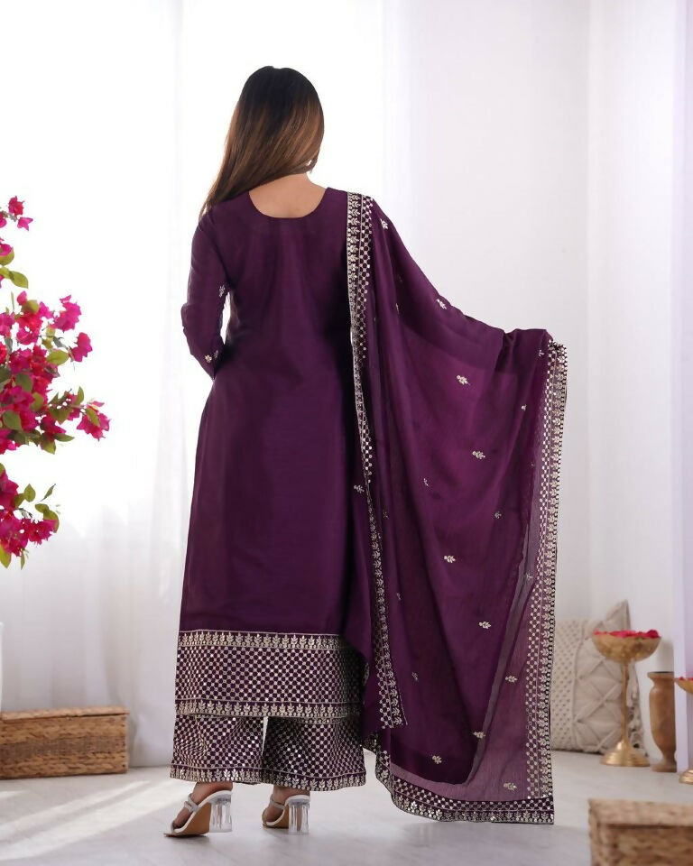 Teeya Creation Wine Color Pure Chinnon Silk Embroidery Work Functional Wear Salwar Suit